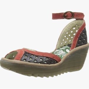 London Fly Ydel Wedge Sandals - Red and Black, Sz 37